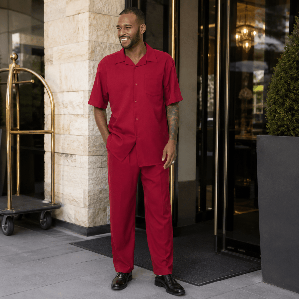 Montique Men's 2 Piece Short Sleeve Walking Suit Solid Red - Upscale Men's Fashion