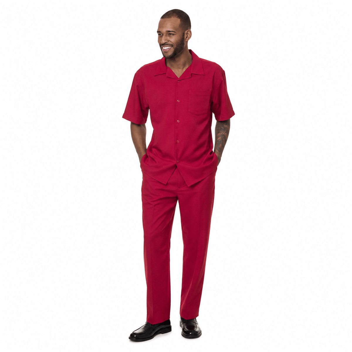Montique Men's 2 Piece Short Sleeve Walking Suit Solid Red - Upscale Men's Fashion