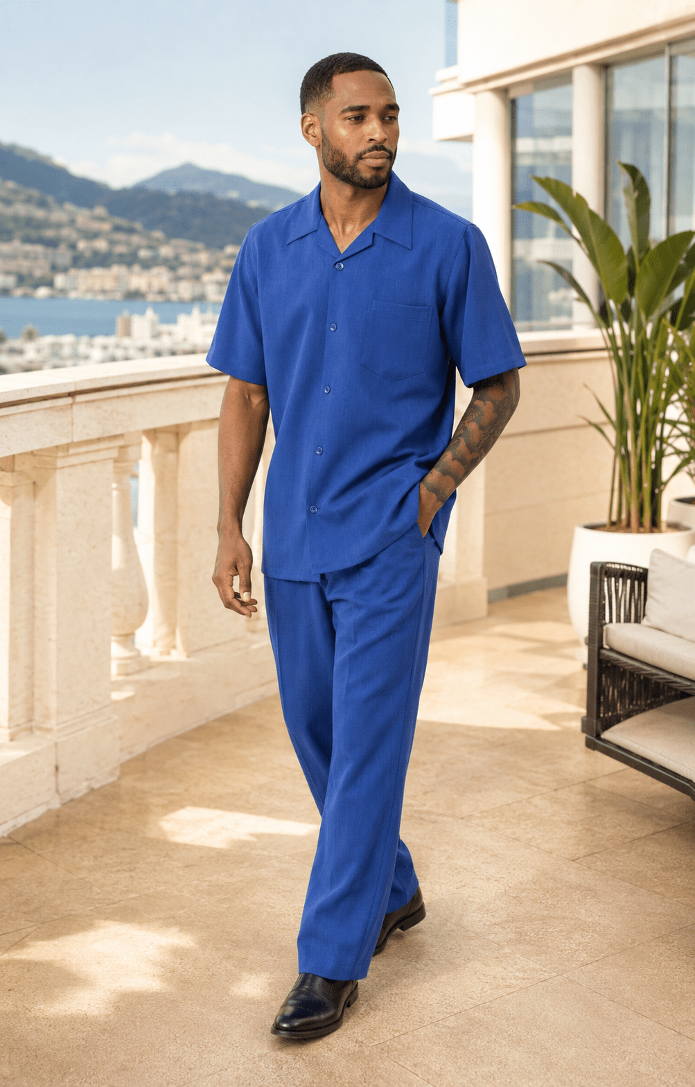 Montique Men's 2 Piece Short Sleeve Walking Suit Solid Royal - Upscale Men's Fashion