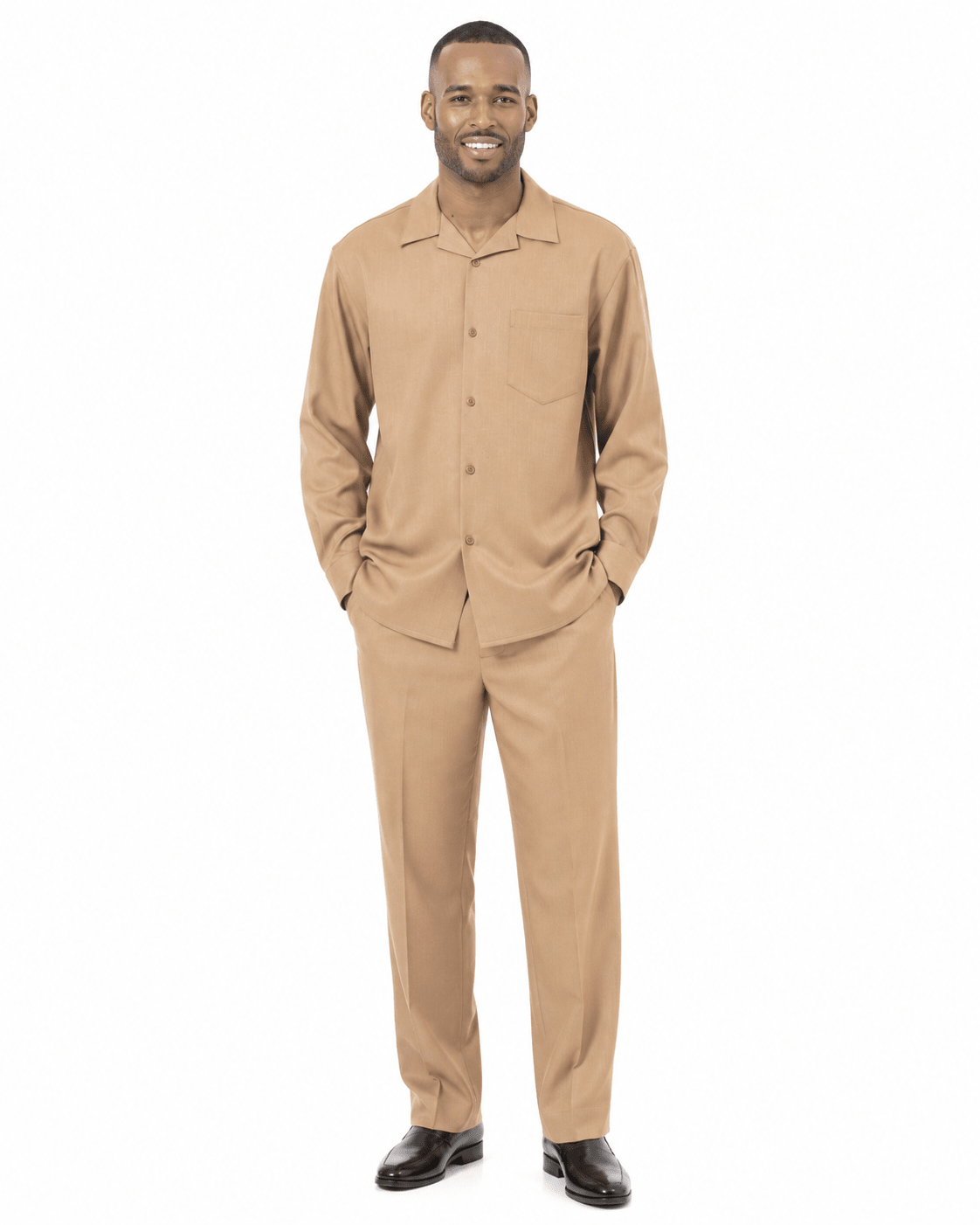 Montique Men's 2 Piece Long Sleeve Walking Suit Solid Tan - Upscale Men's Fashion