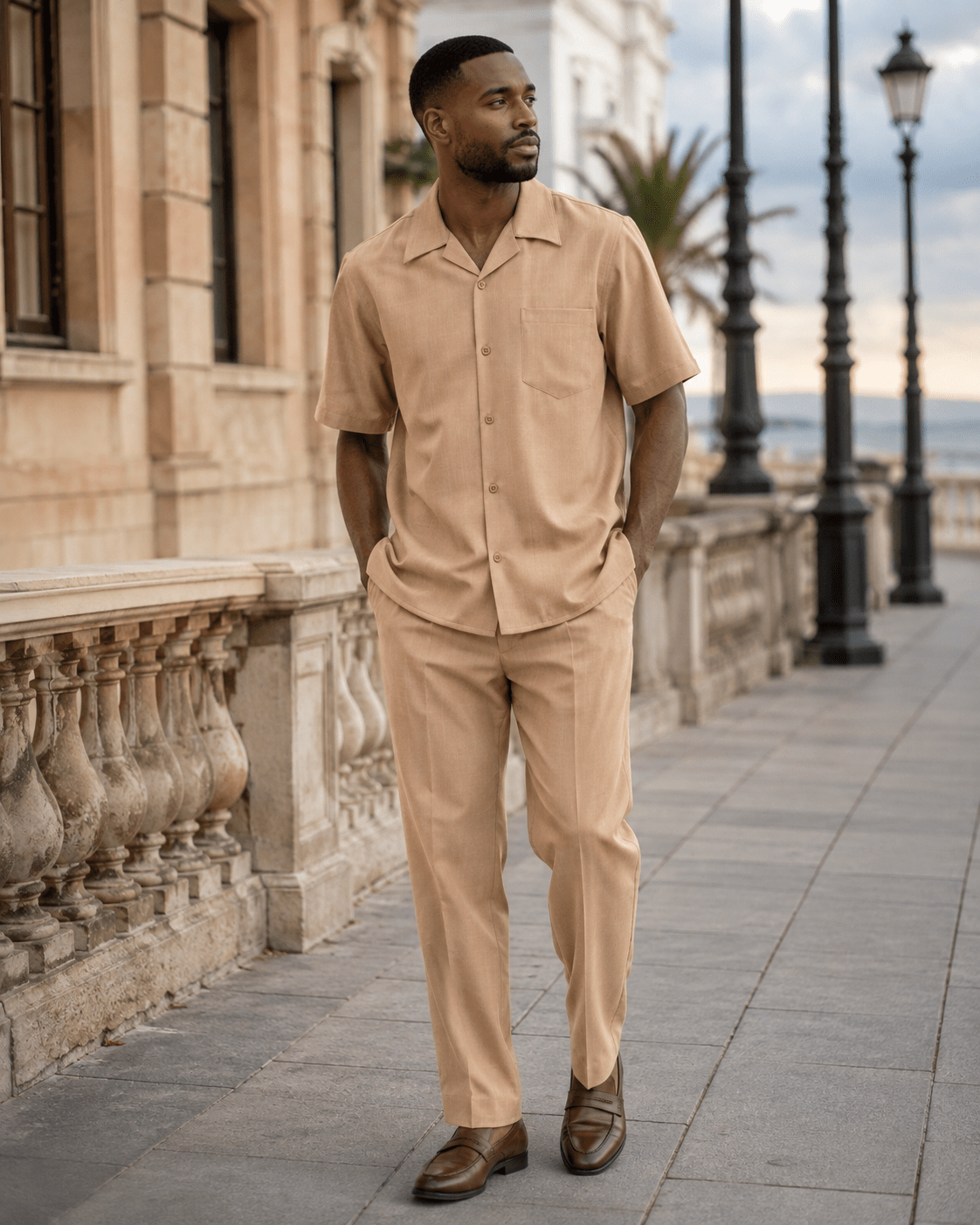 Montique Men's 2 Piece Short Sleeve Walking Suit Solid Tan - Upscale Men's Fashion