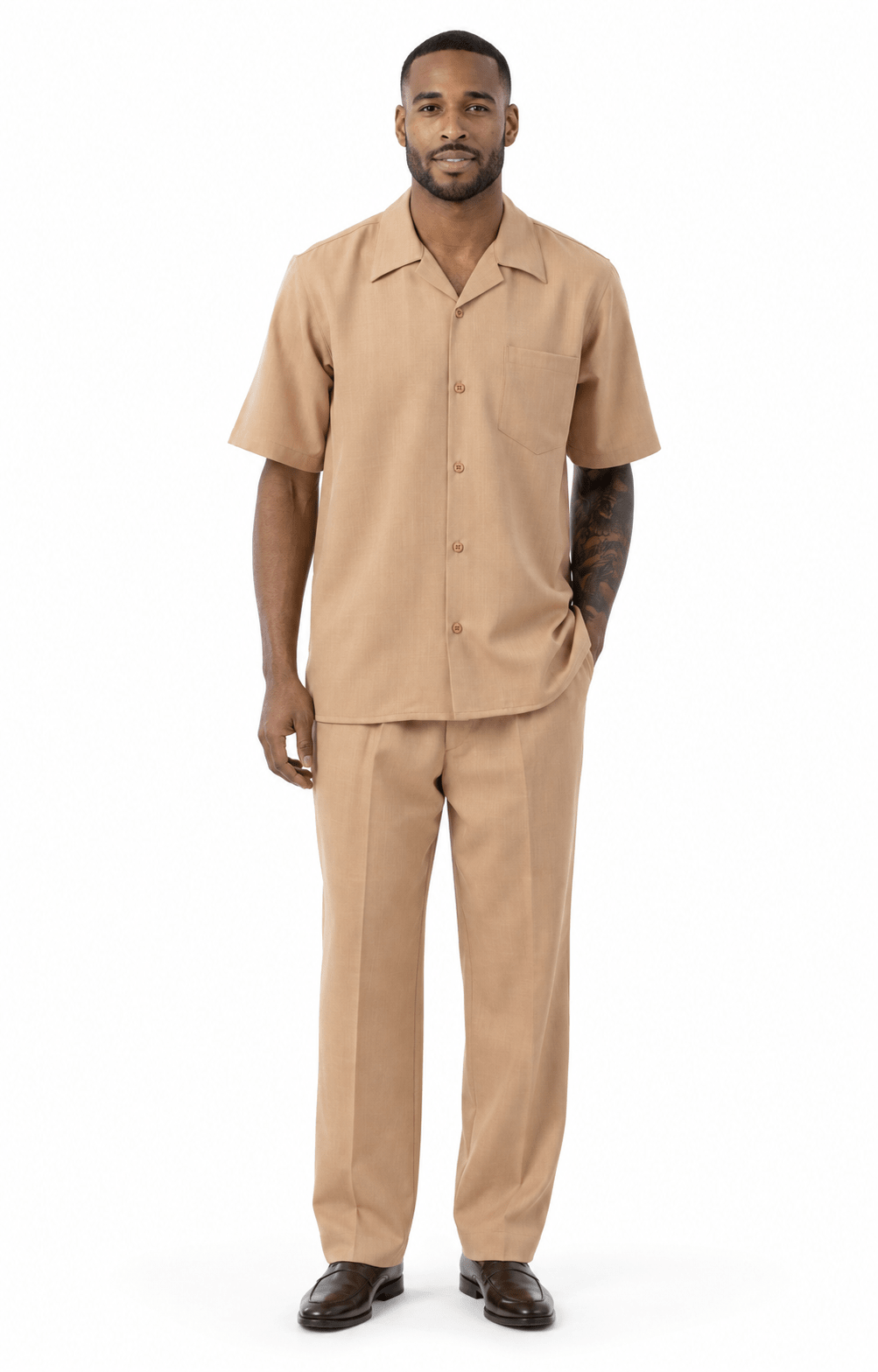 Montique Men's 2 Piece Short Sleeve Walking Suit Solid Tan - Upscale Men's Fashion