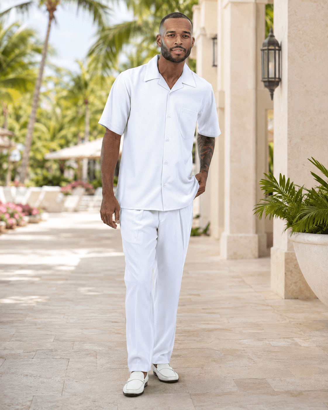 Montique Men's 2 Piece Short Sleeve Walking Suit Solid White - Upscale Men's Fashion