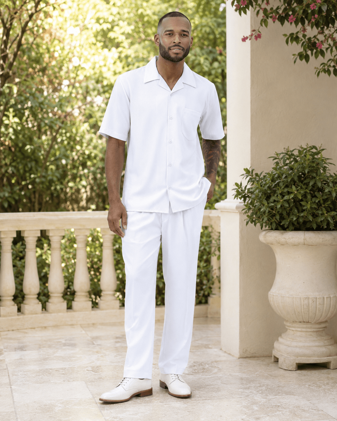 Montique Men's 2 Piece Short Sleeve Walking Suit Solid White - Upscale Men's Fashion