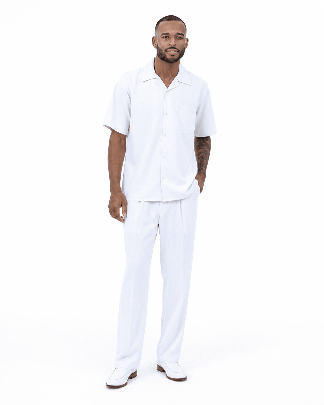 Montique Men's 2 Piece Short Sleeve Walking Suit Solid White - Upscale Men's Fashion