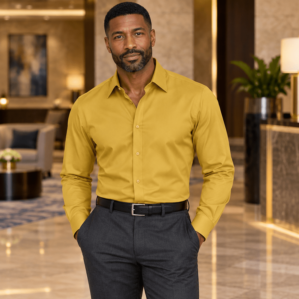 Men's Basic Dress Shirt with Convertible Cuff -Color Mustard - Upscale Men's Fashion