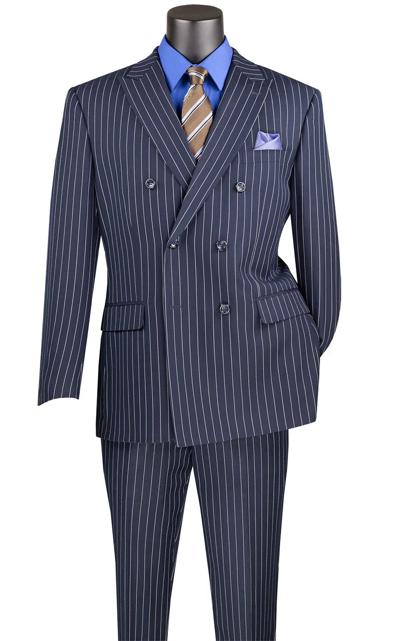 Navy Pinstripe Regular Fit Double-Breasted Wool-Feel Poly Rayon Suit – Banker Collection – Upscale Men’s Fashion