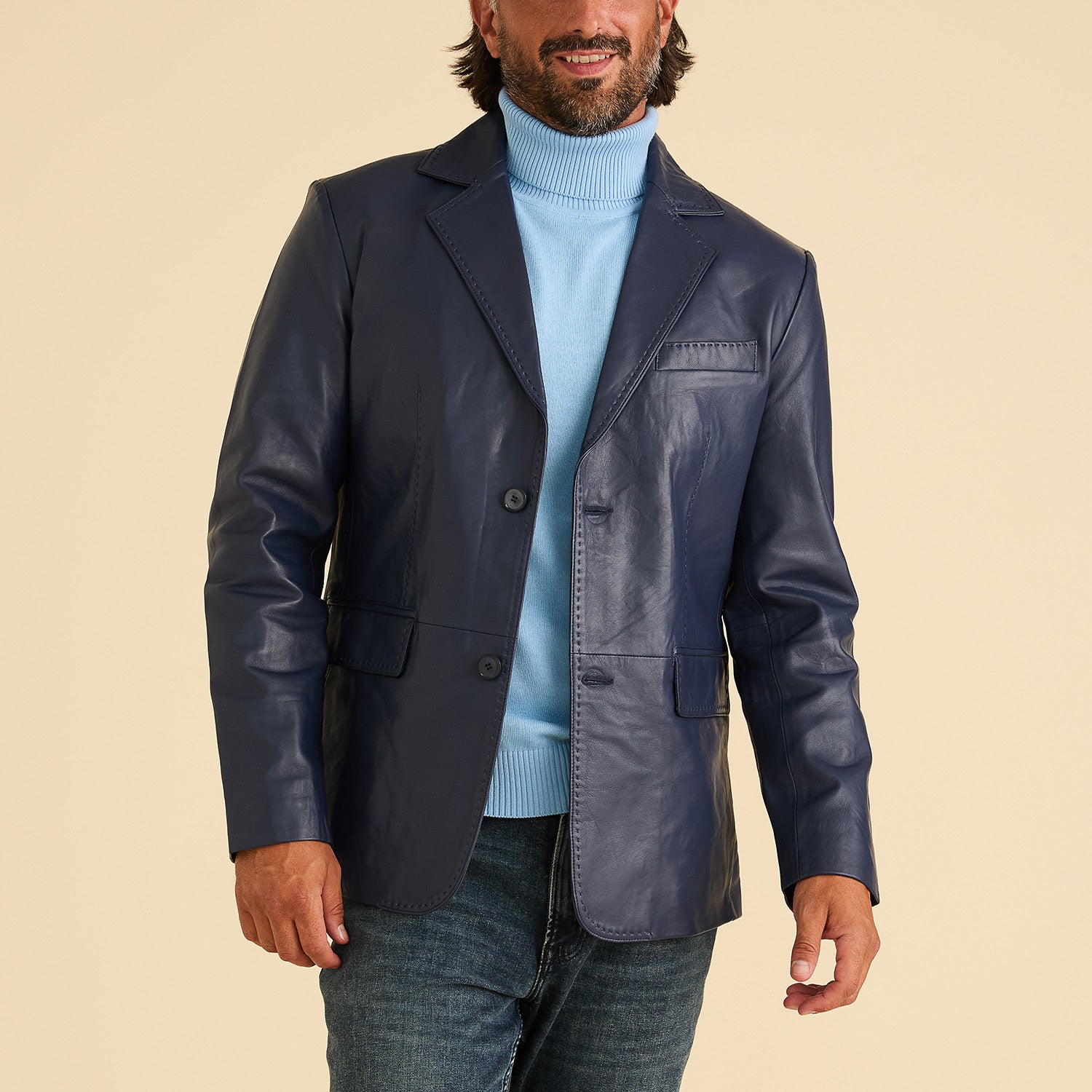 navy Men’s 100% lamb leather blazer in pine green – modern fit luxury jacket from Upscale Men’s Fashion.
