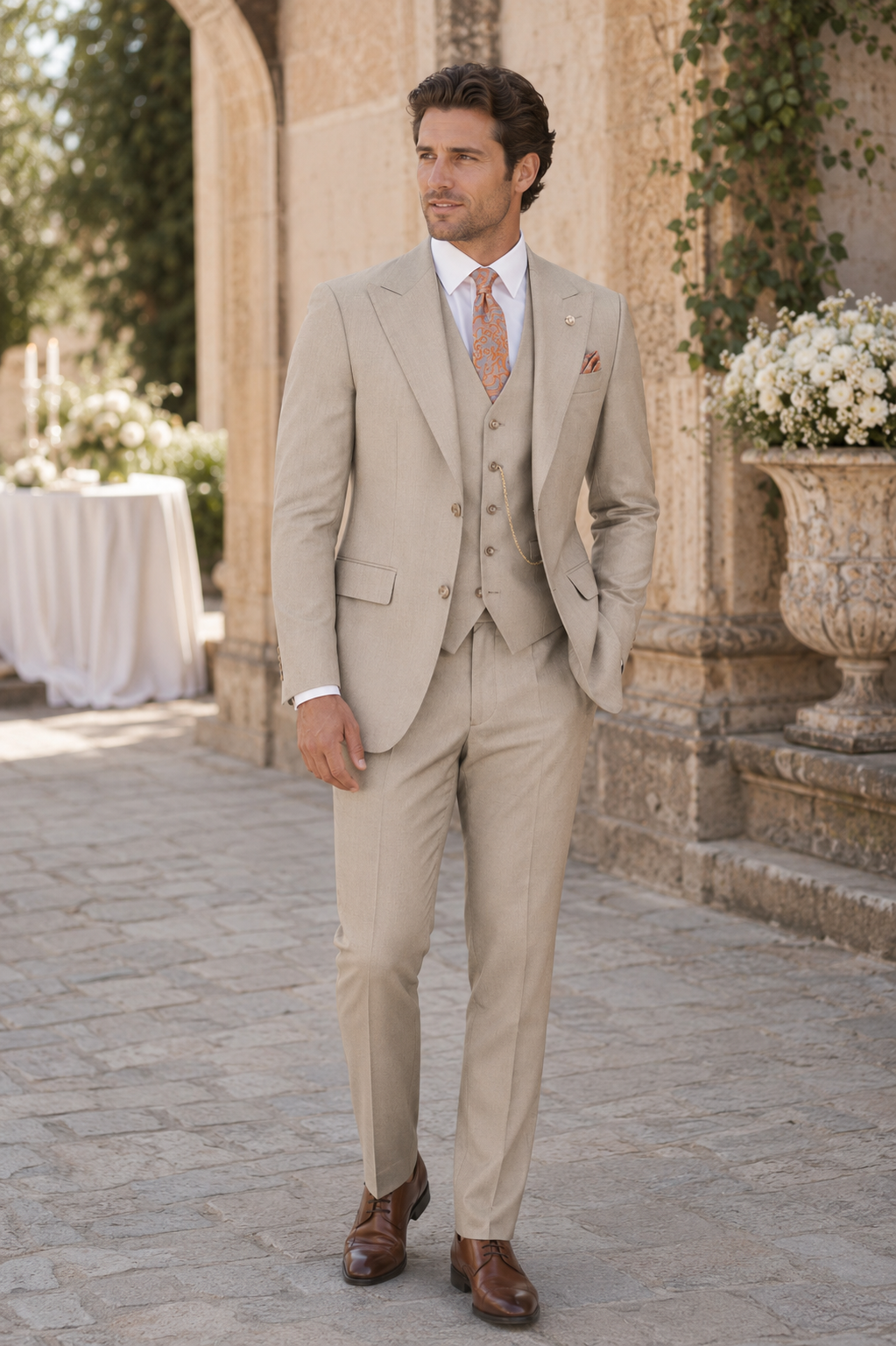 Oatmeal three-piece wedding suit worn outdoors at an elegant venue