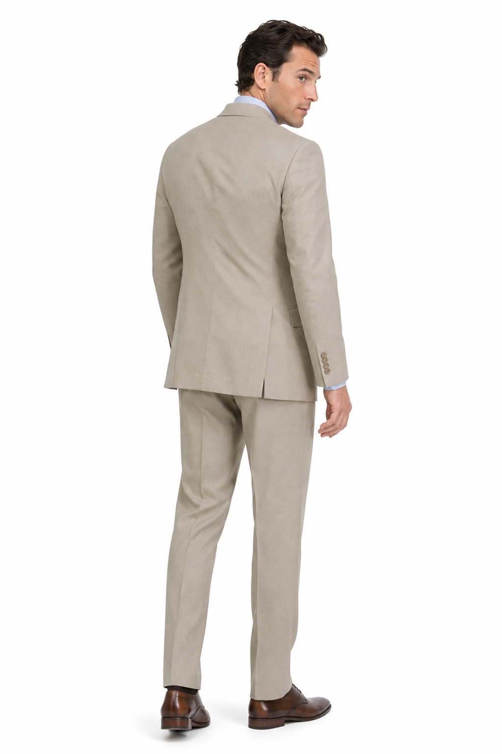 Oatmeal textured regular fit three-piece suit rear view on male model