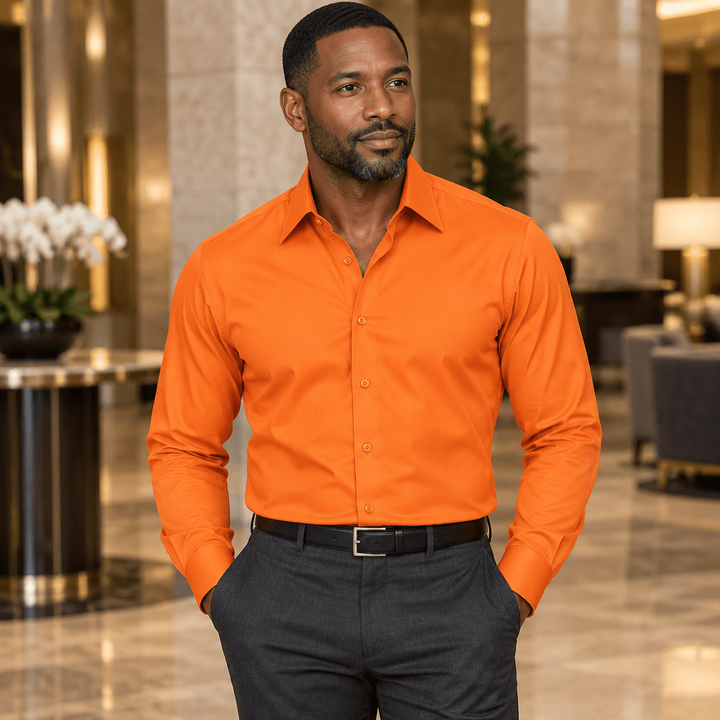 Men's Basic Dress Shirt with Convertible Cuff -Color Orange - Upscale Men's Fashion