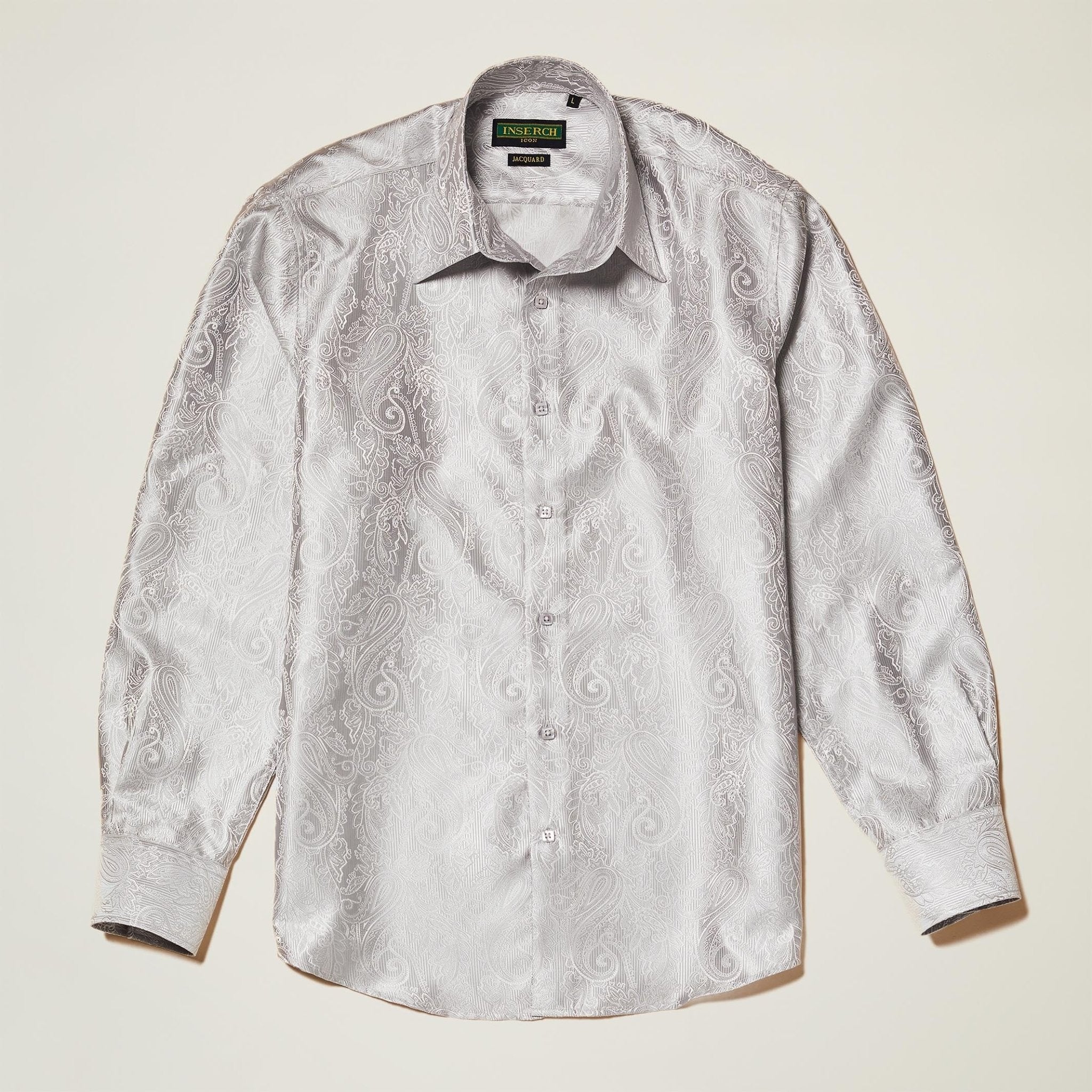 Light Grey Paisley Long Sleeve Jacquard Shirt - Upscale Men's Fashion
