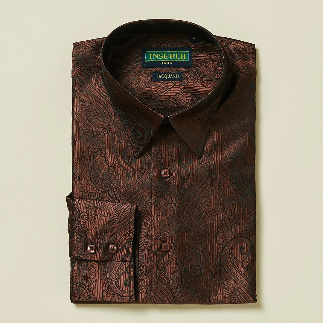 Chocolate Paisley Long Sleeve Jacquard Shirt