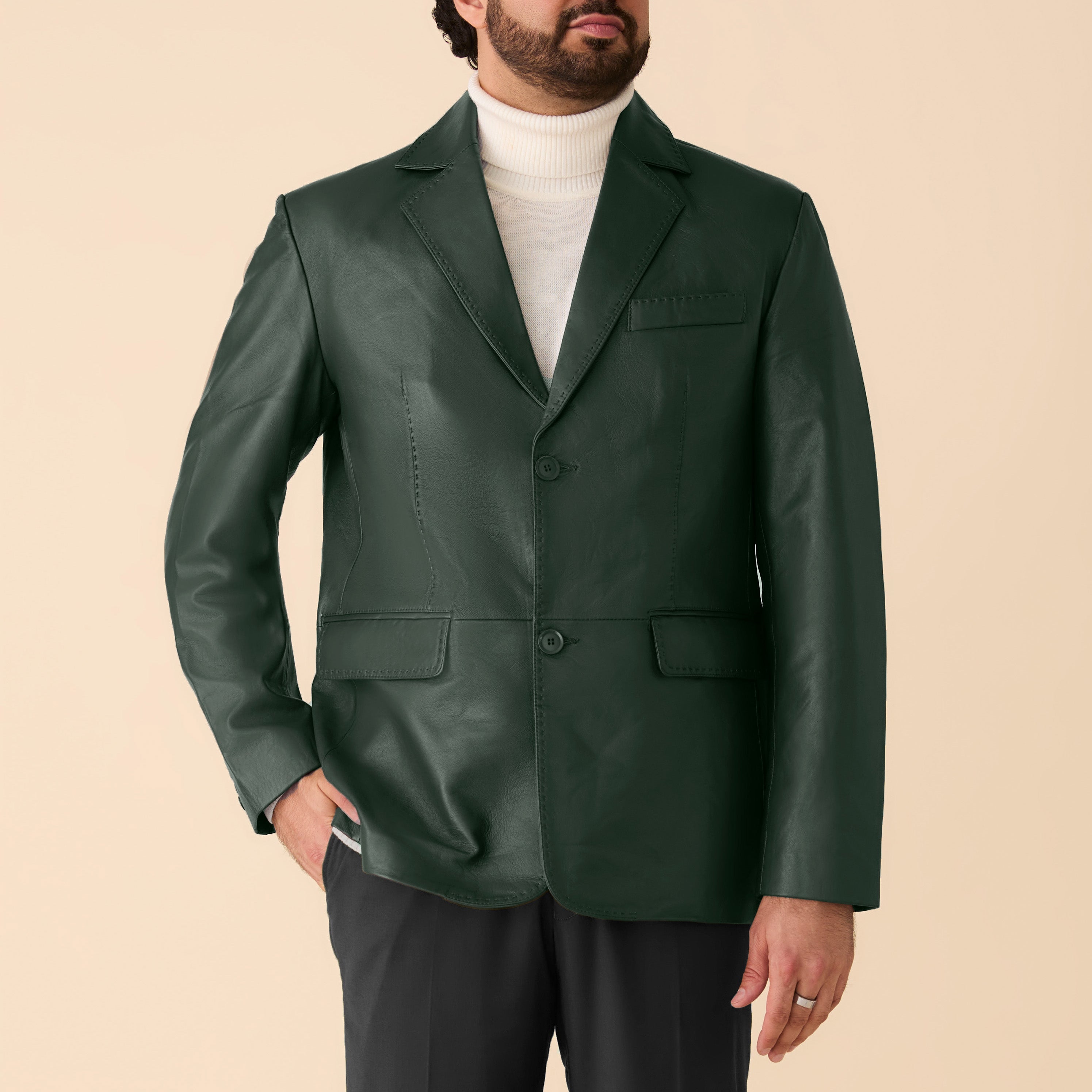 pine Men’s 100% lamb leather blazer in pine green – modern fit luxury jacket from Upscale Men’s Fashion.
