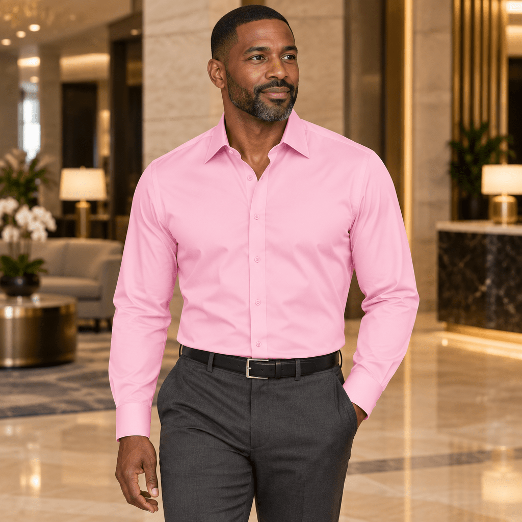 Men's Basic Dress Shirt with Convertible Cuff -Color Pink - Upscale Men's Fashion