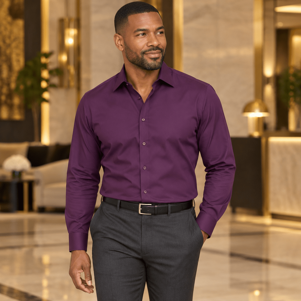 Men's Basic Dress Shirt with Convertible Cuff -Color Plum - Upscale Men's Fashion