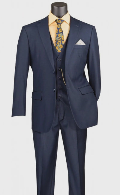 Torino Collection – Men’s Regular Fit Three-Piece Suit with Vest in Solid Navy