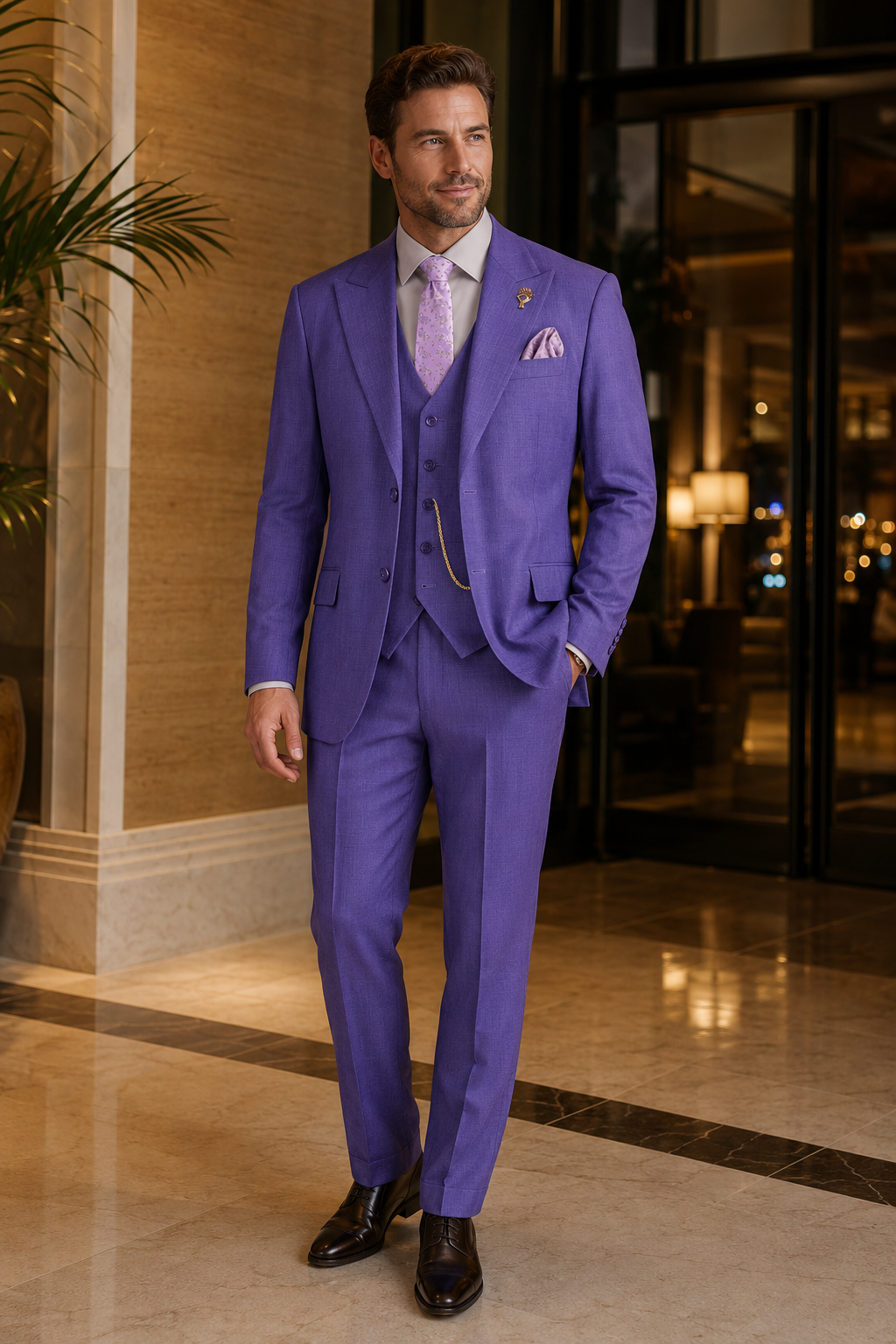 Purple textured regular fit three-piece suit evening event look