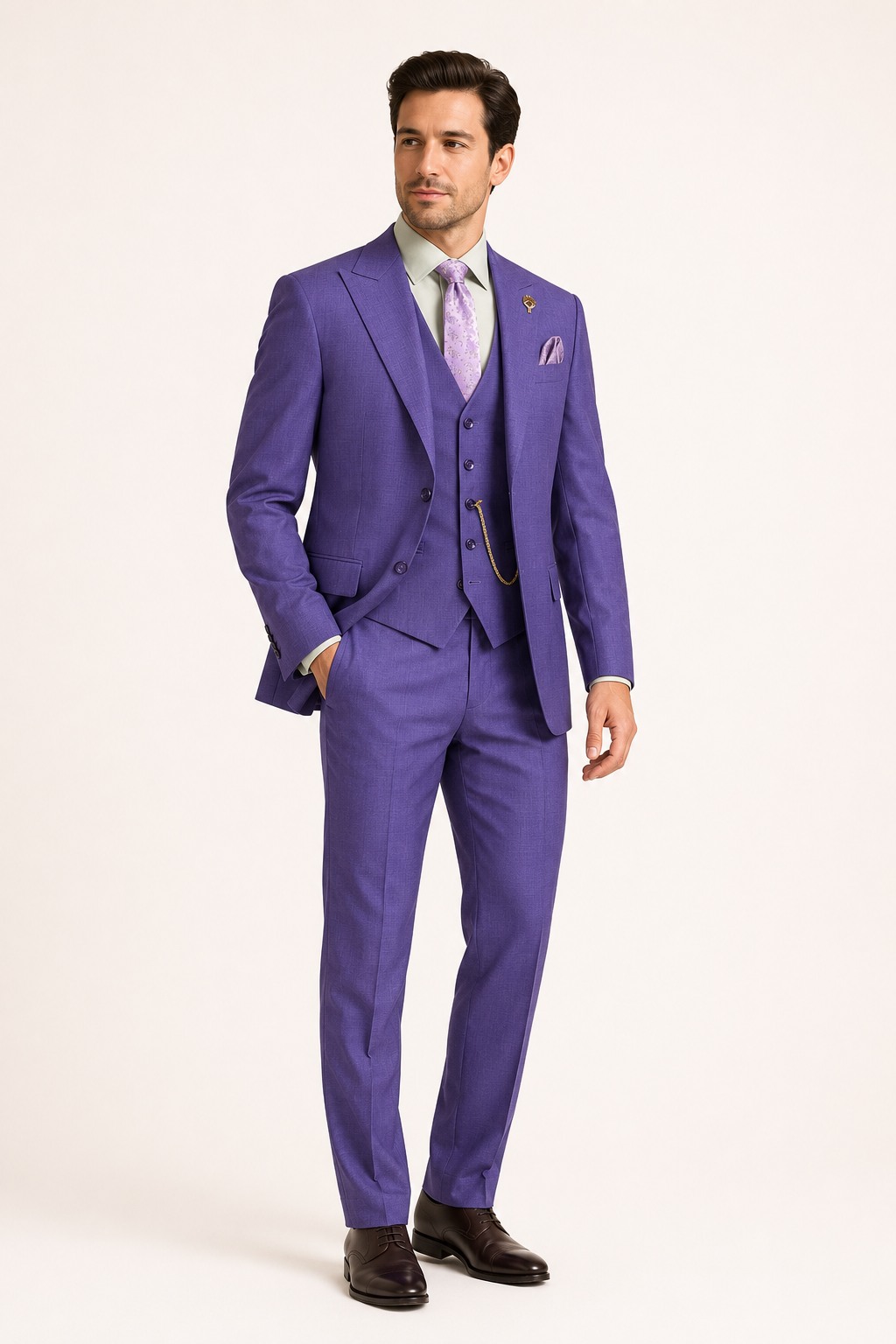 Purple textured regular fit three-piece suit front studio view