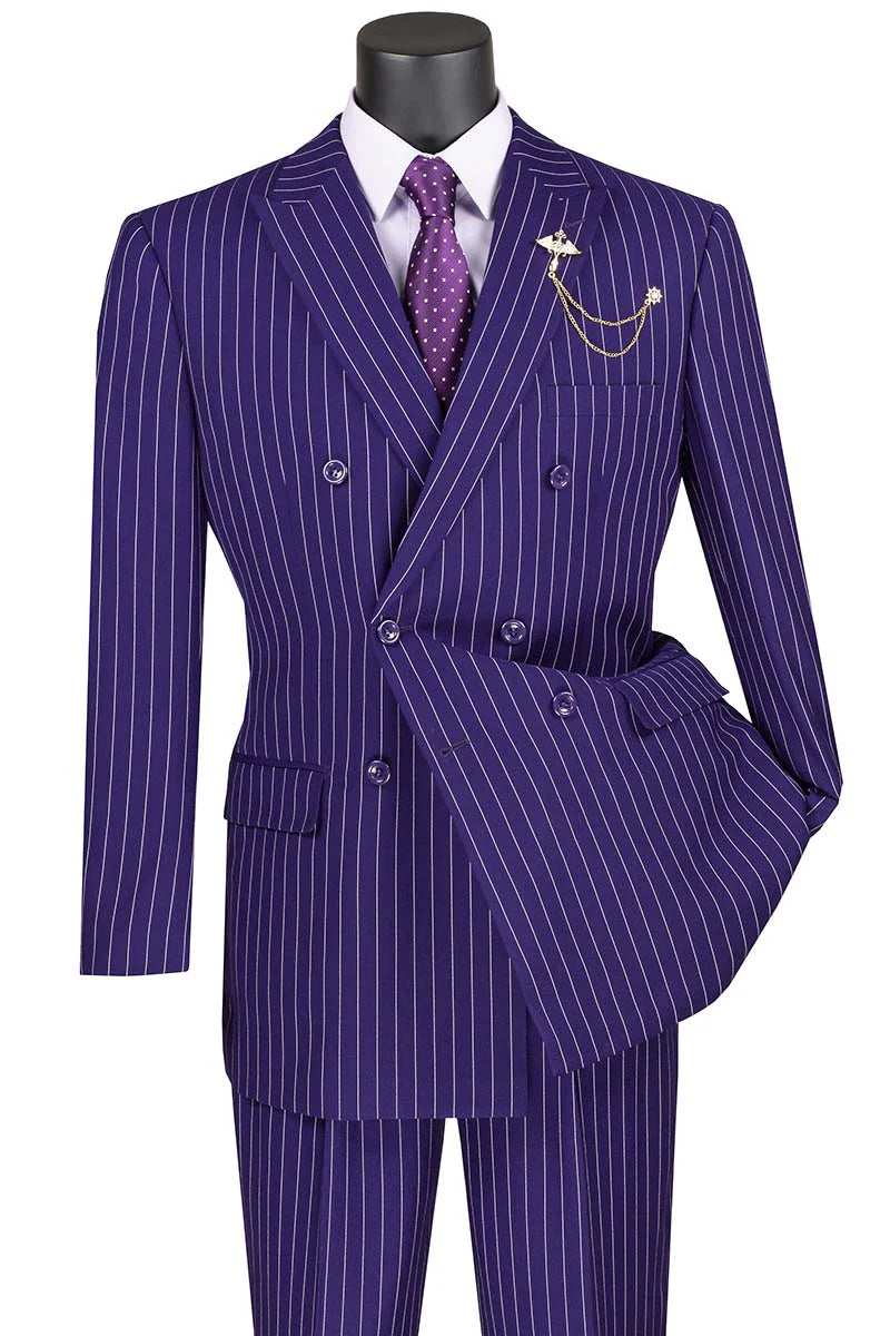 Purple Pinstripe Regular Fit Double-Breasted Wool-Feel Poly Rayon Suit – Banker Collection – Upscale Men’s Fashion