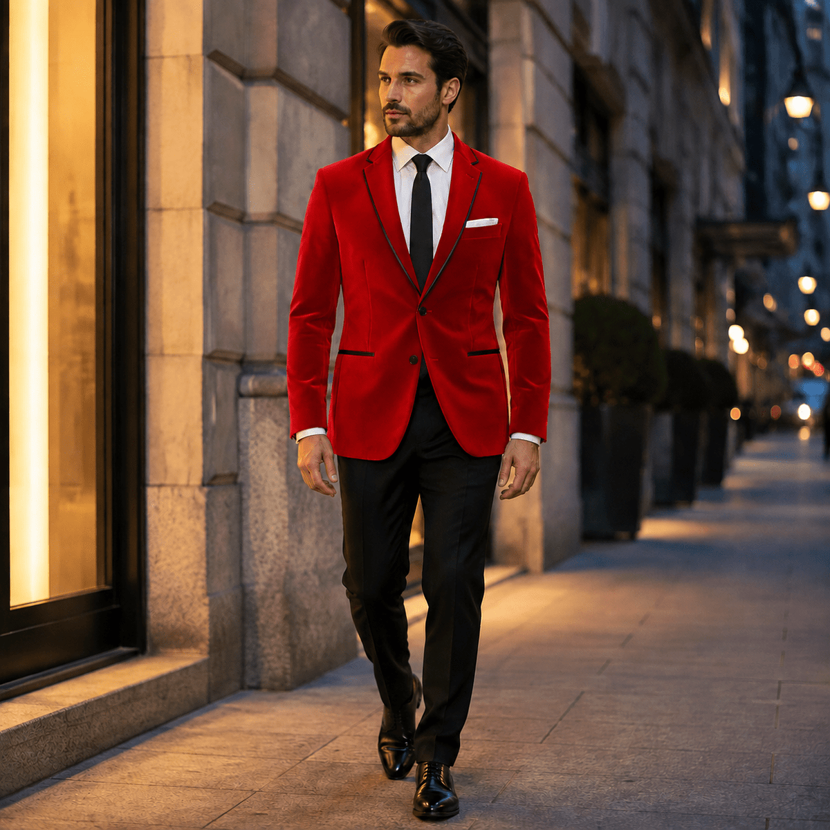 Men's Red Velvet Regular Fit Sport Coat with Black Trim - Upscale Men's Fashion