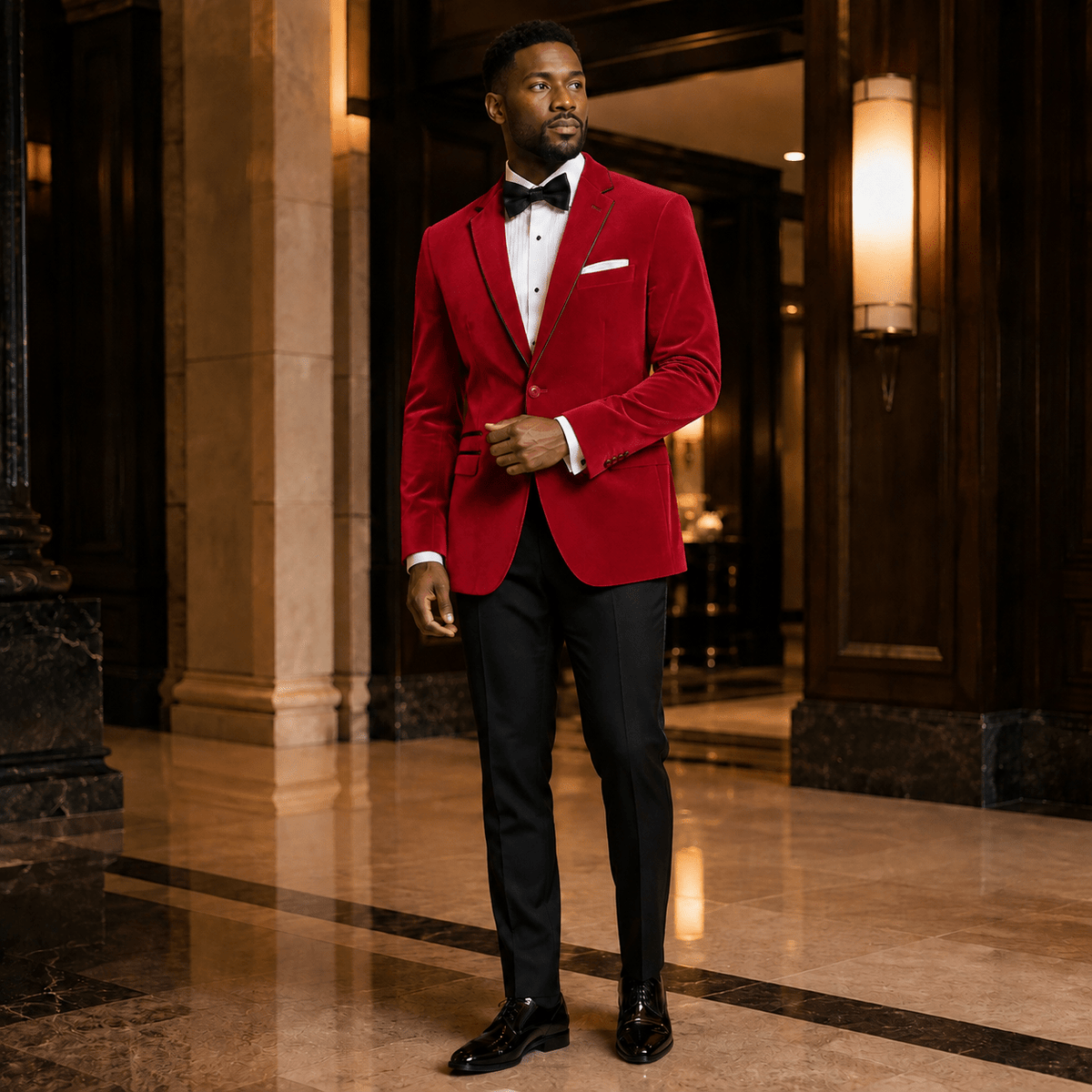 Men's Red Velvet Regular Fit Sport Coat with Black Trim - Upscale Men's Fashion