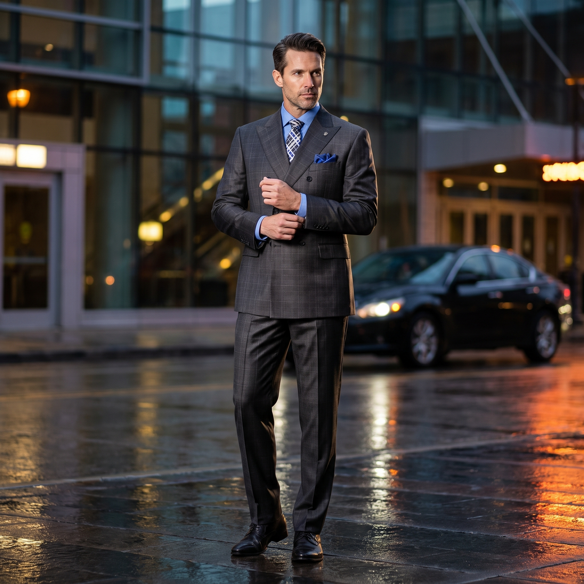 Black regular fit double-breasted glen plaid two-piece suit – city lifestyle image