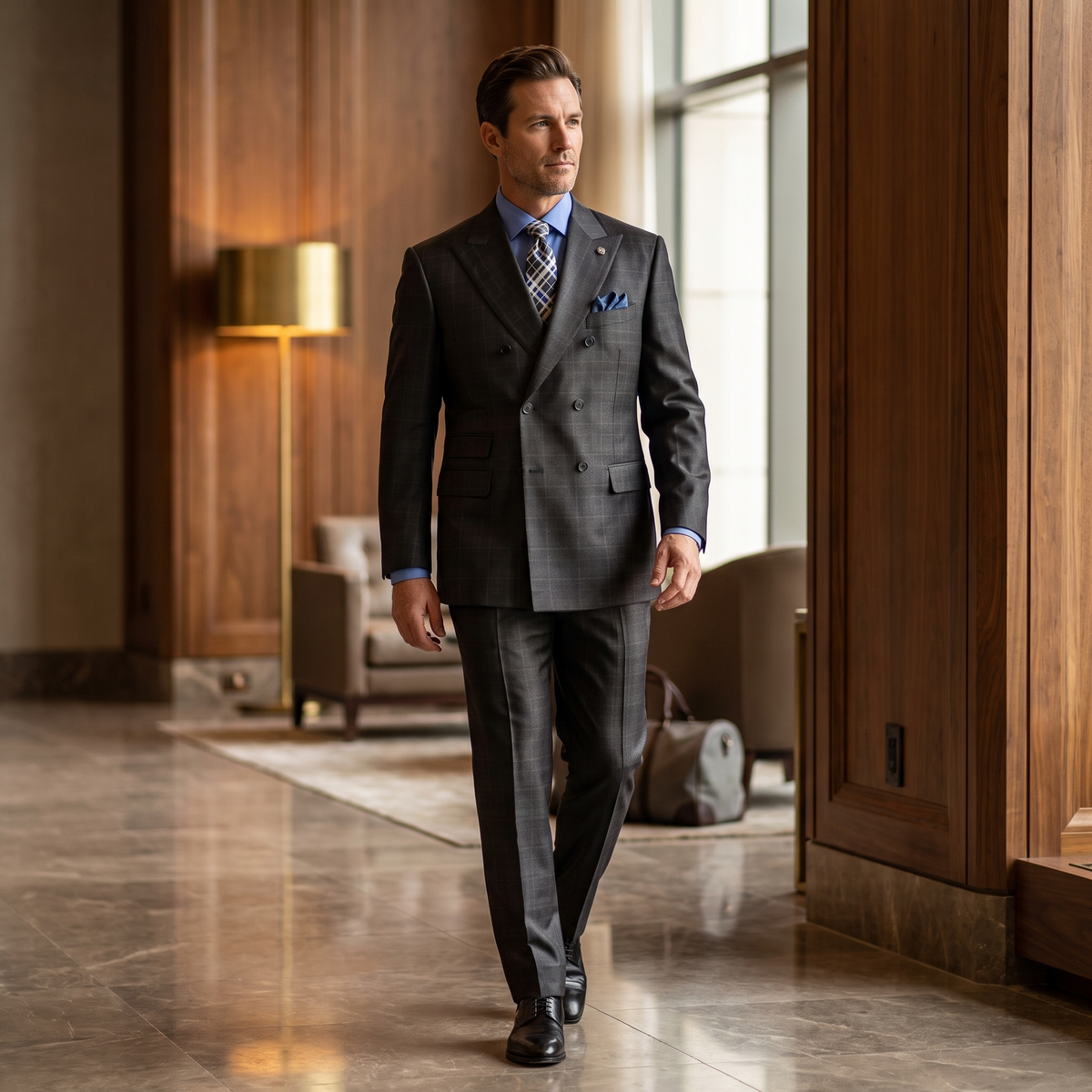 Black regular fit double-breasted glen plaid two-piece suit – hotel lifestyle image
