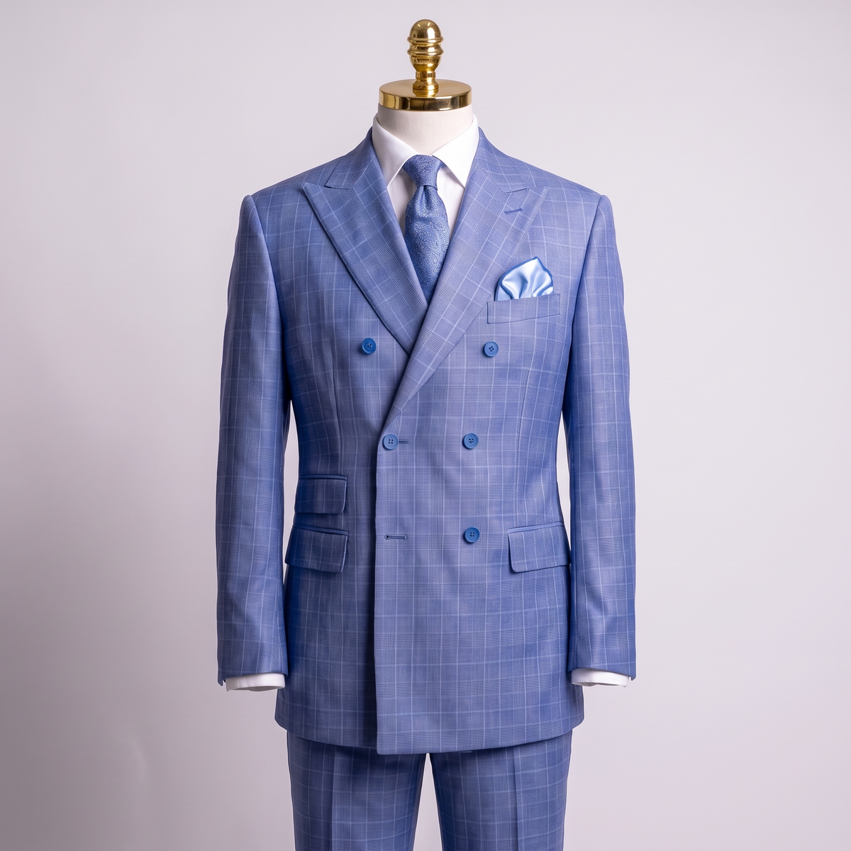 Nautica blue glen plaid double-breasted suit on gold-top mannequin with matching trousers partially visible