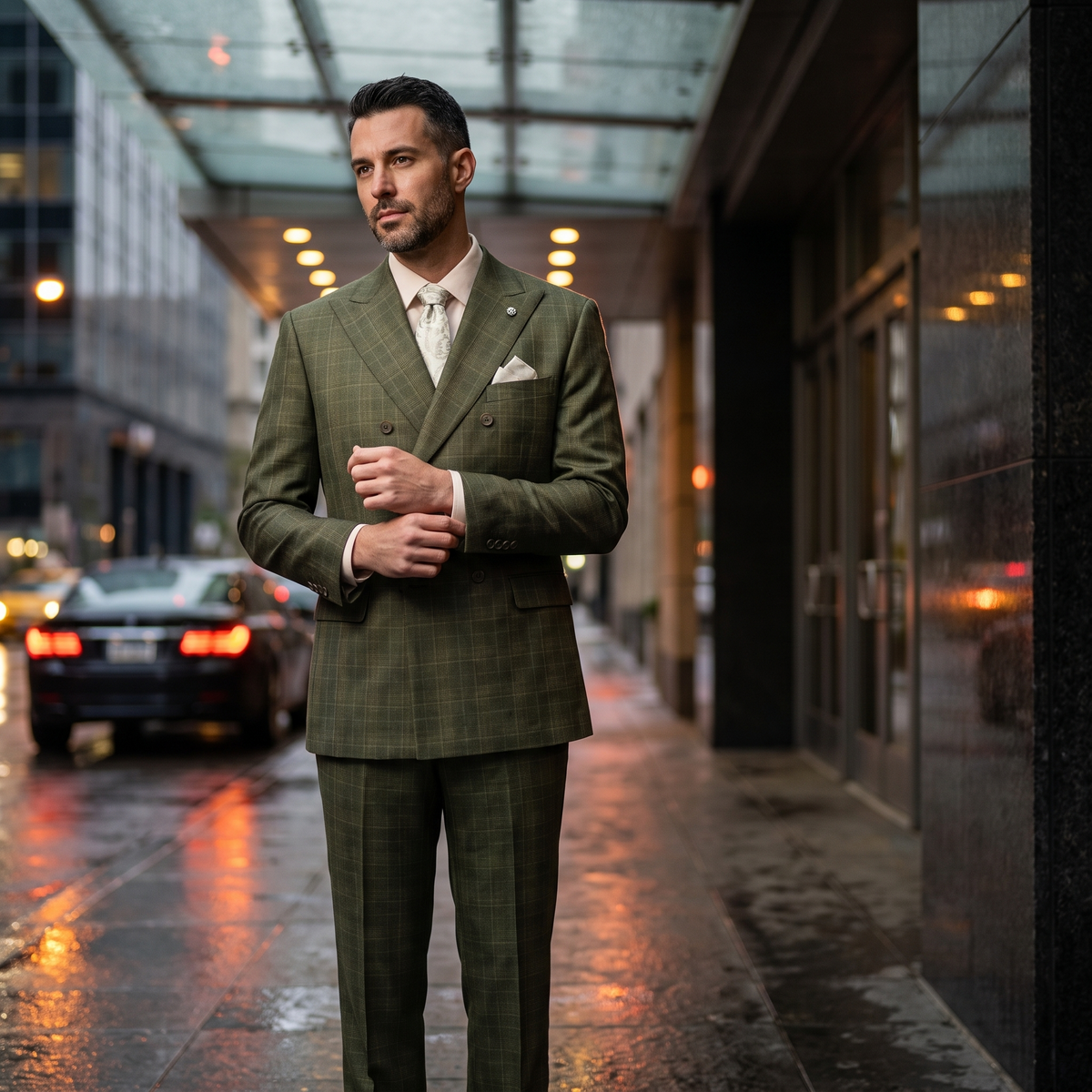 Olive regular fit double-breasted glen plaid two-piece suit – city lifestyle image