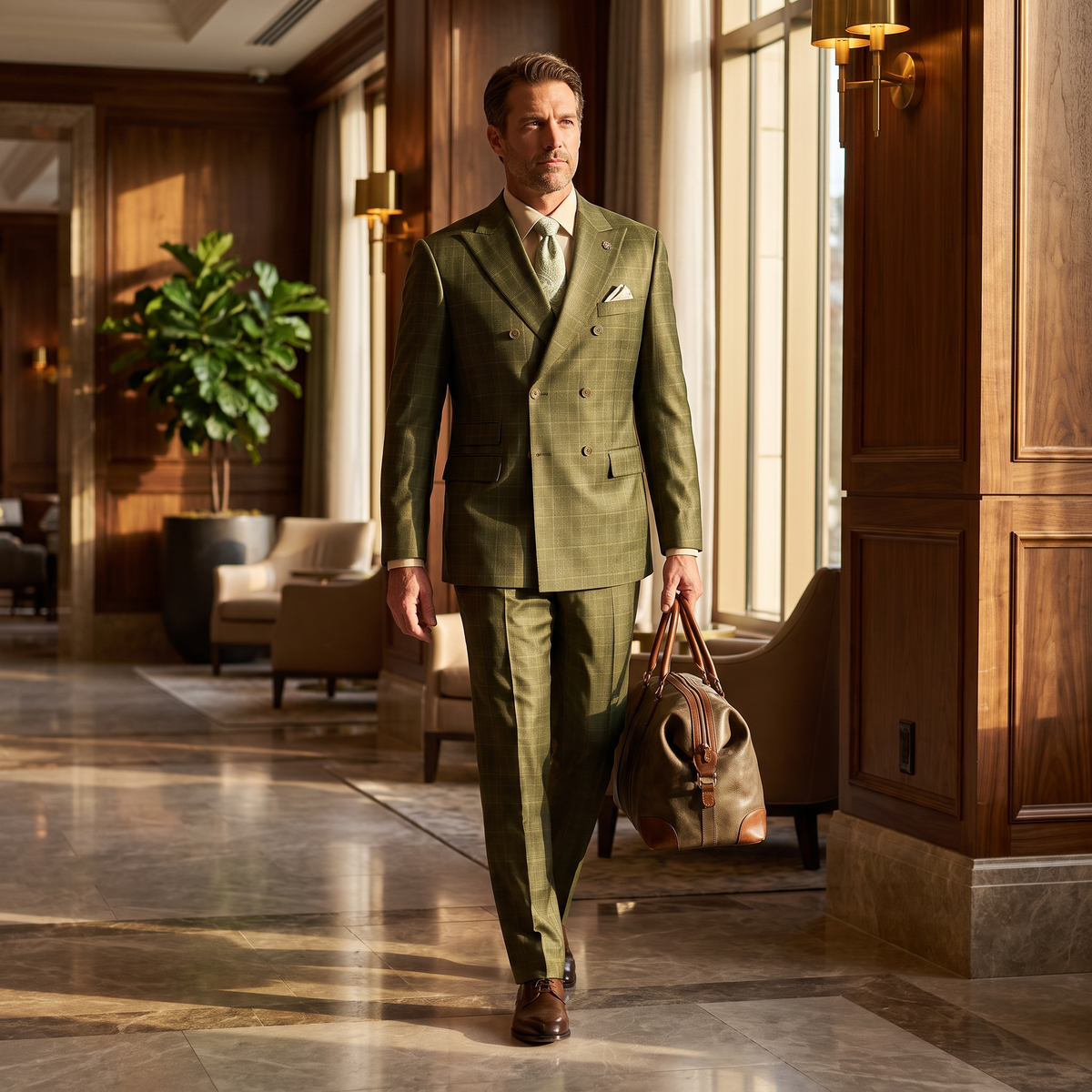 Olive regular fit double-breasted glen plaid two-piece suit – hotel lifestyle image