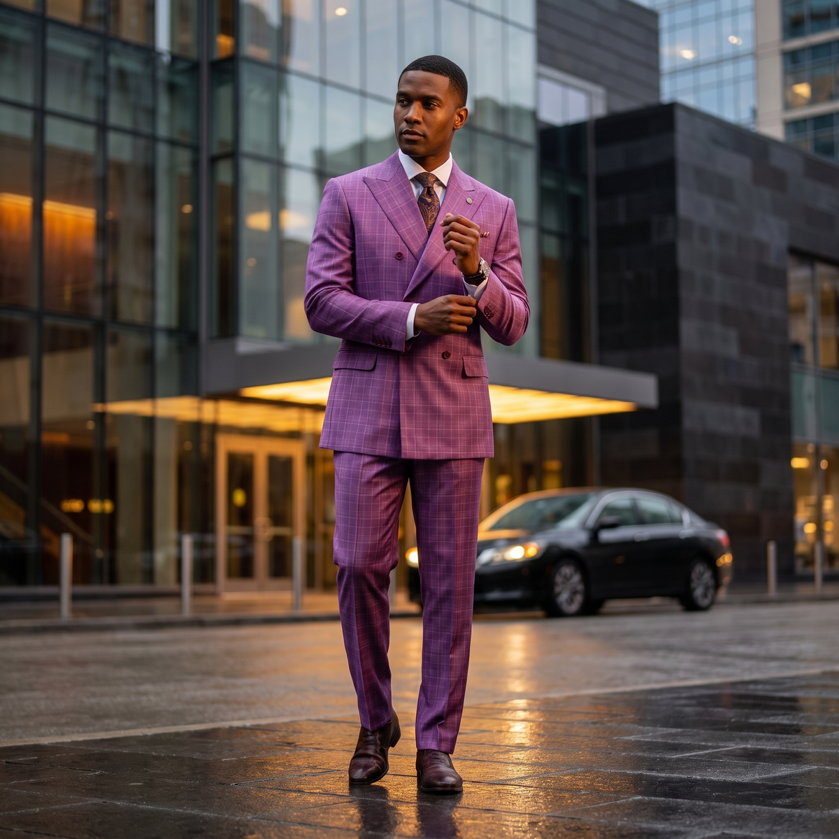 Plum regular fit double-breasted glen plaid two-piece suit – city lifestyle image