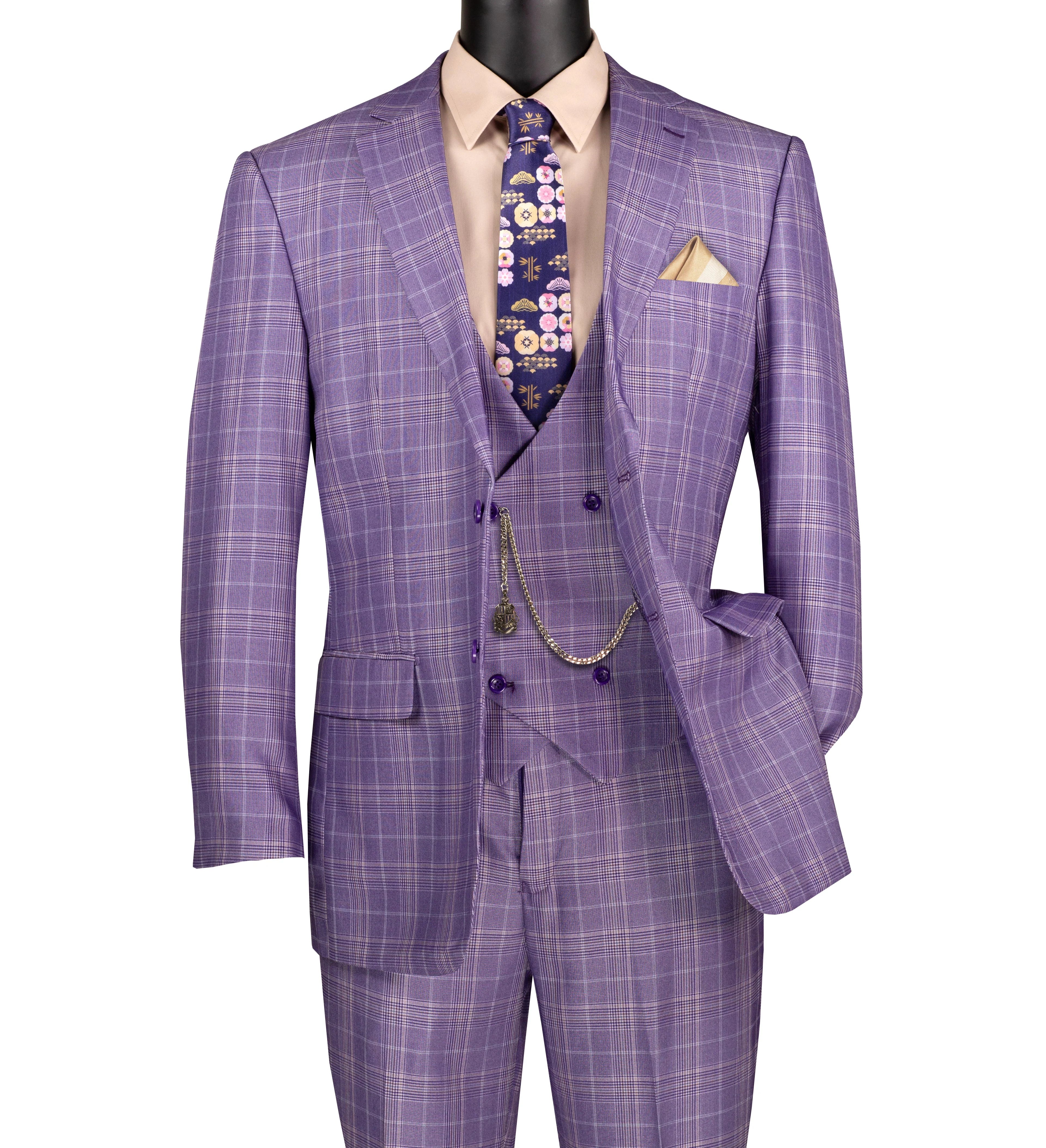 Regular Fit Light Purple Glen Plaid Three-Piece Suit 