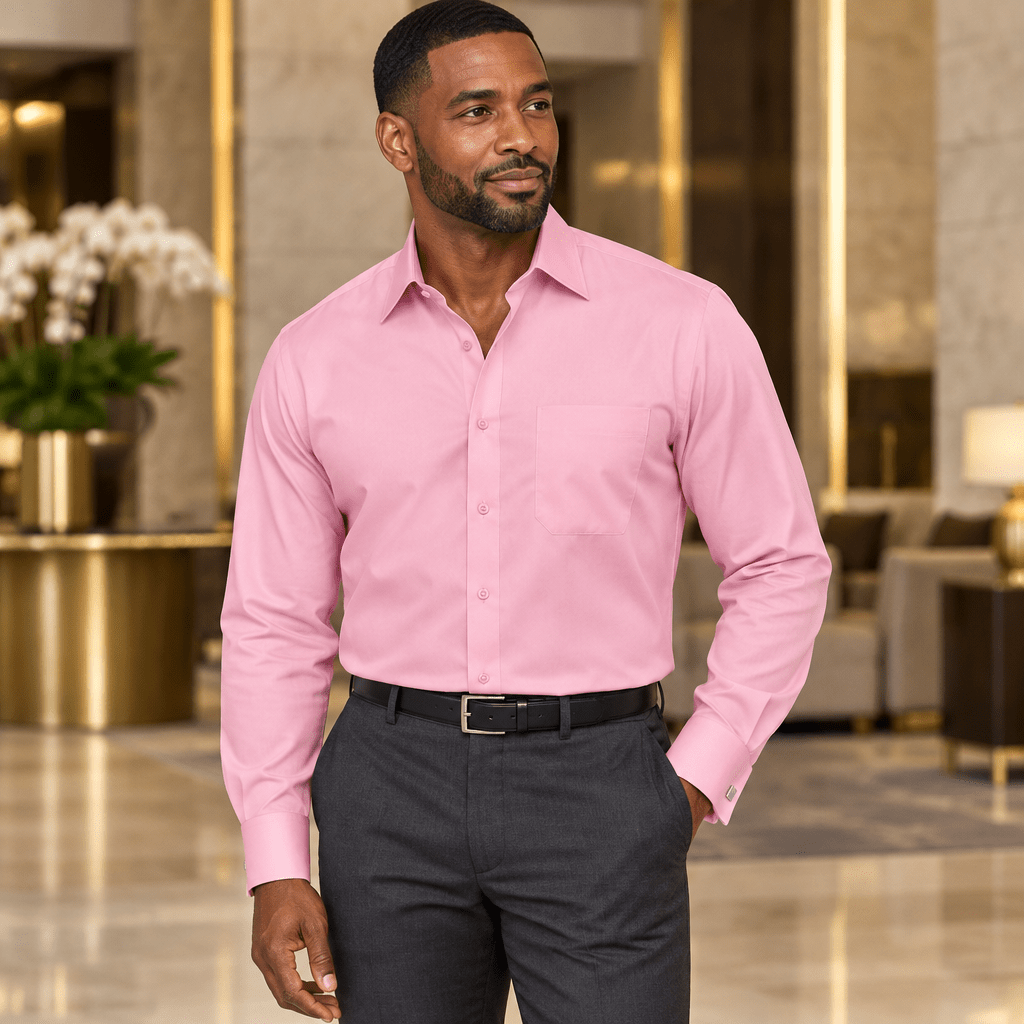 Men's Basic Dress Shirt with Convertible Cuff -Color Rose Pink - Upscale Men's Fashion