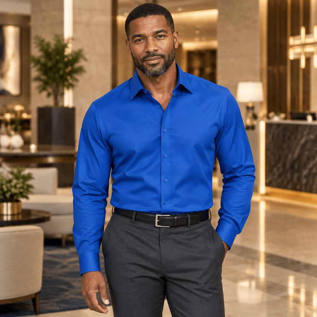 Men's Basic Dress Shirt with Convertible Cuff -Color Royal Blue - Upscale Men's Fashion