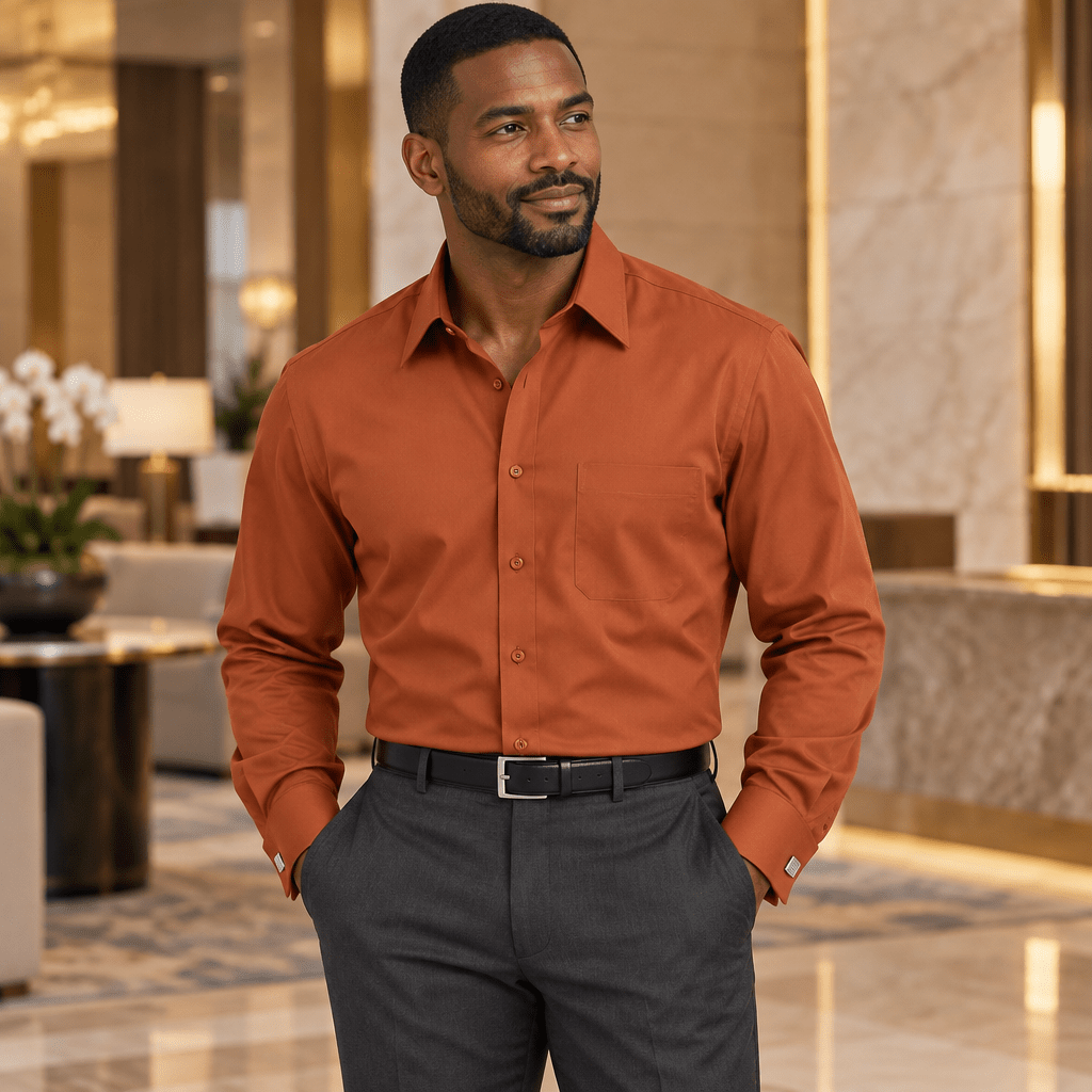 Men's Basic Dress Shirt with Convertible Cuff -Color Rust - Upscale Men's Fashion