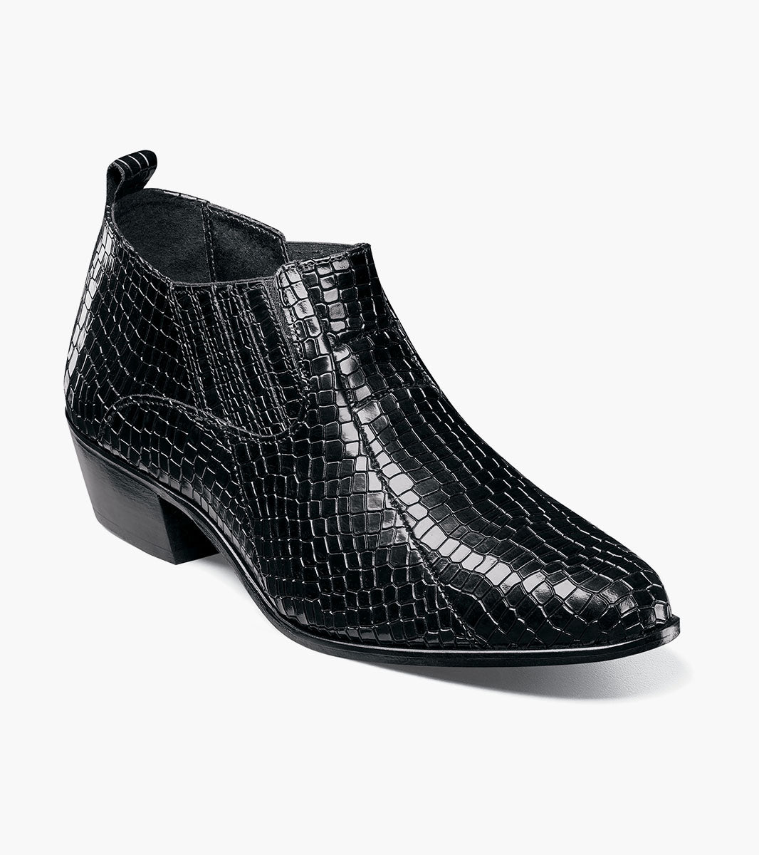 Stacy Adams Sandoval black crocodile print Cuban heel boot front view