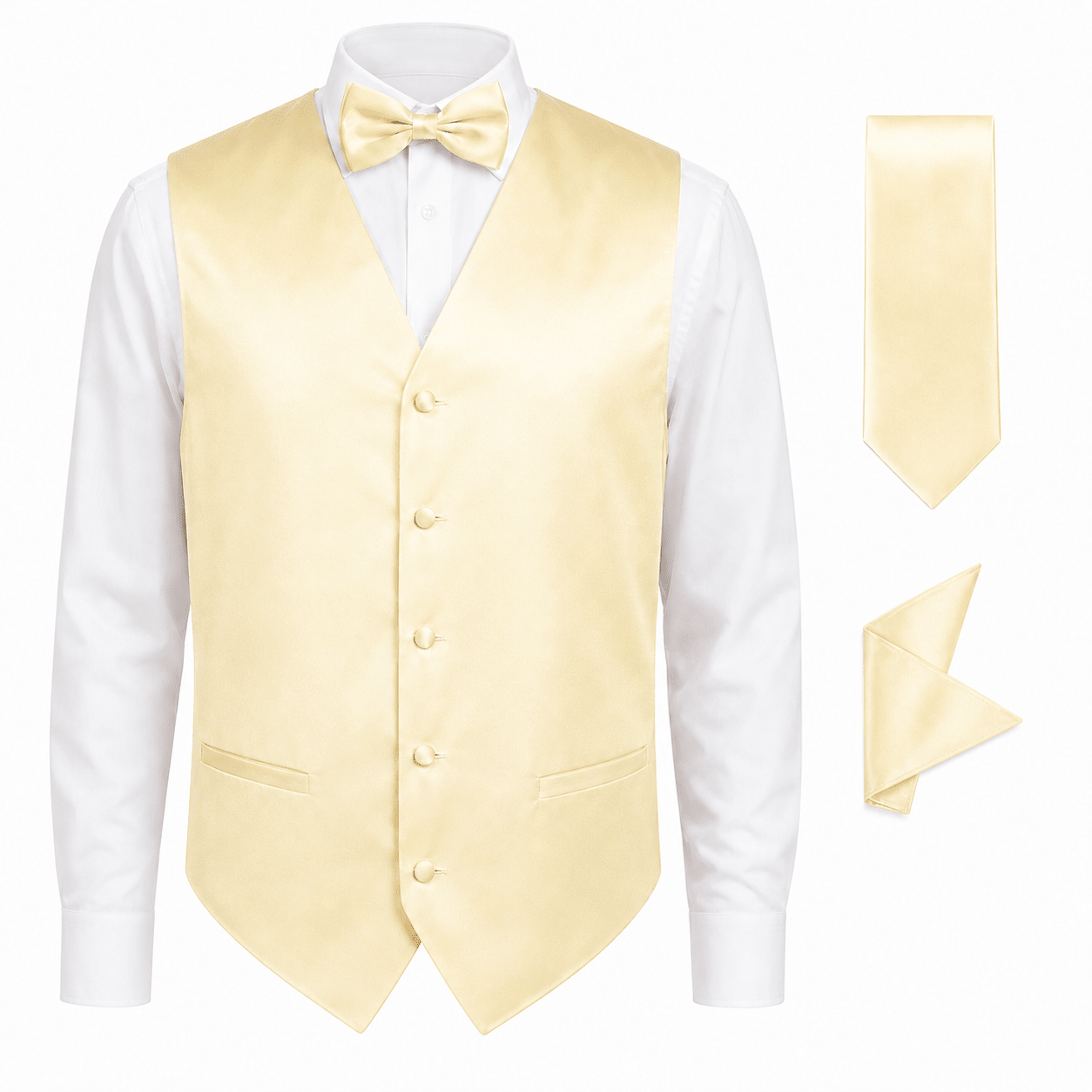 Soft Butter Yellow Satin Tuxedo Vest Set - Upscale Men's Fashion