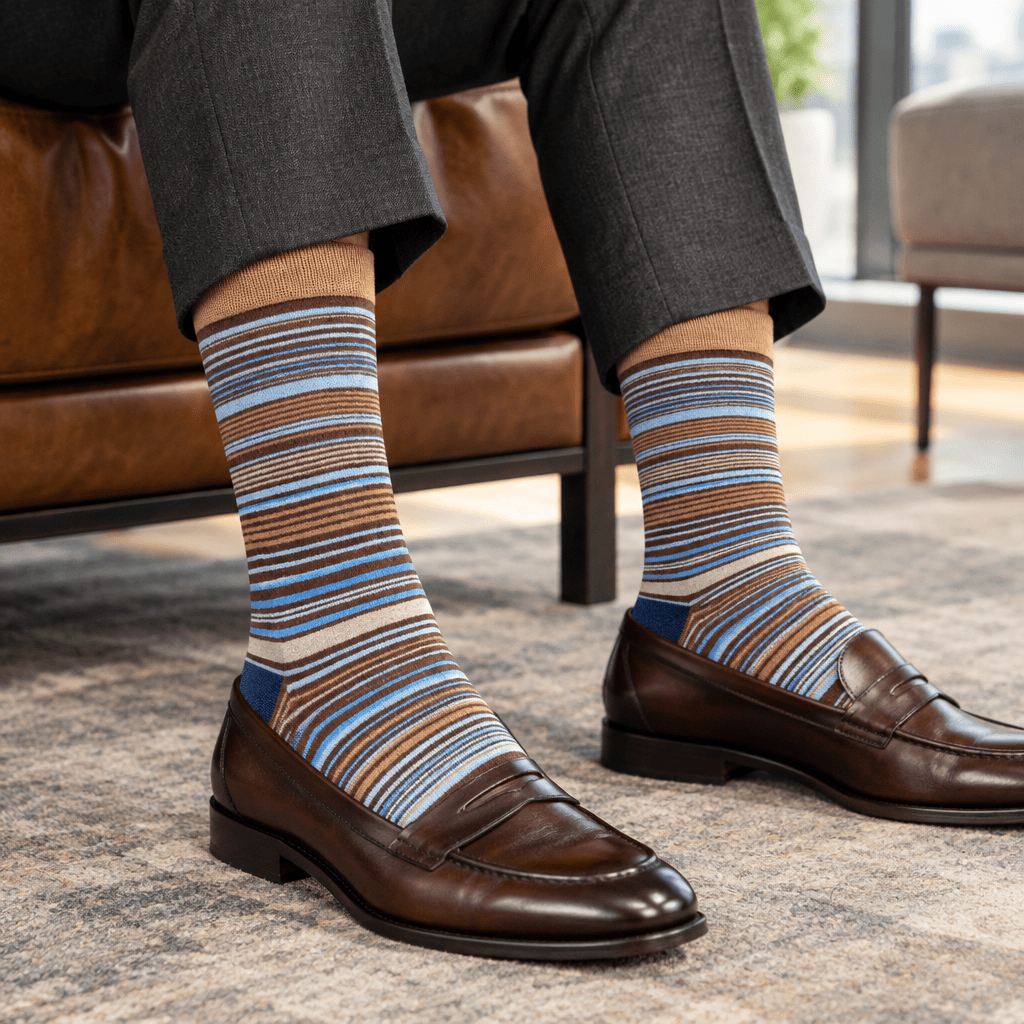 Stacy Adams Men's Brown Multi Striped Crew Dress Socks - Upscale Men's Fashion