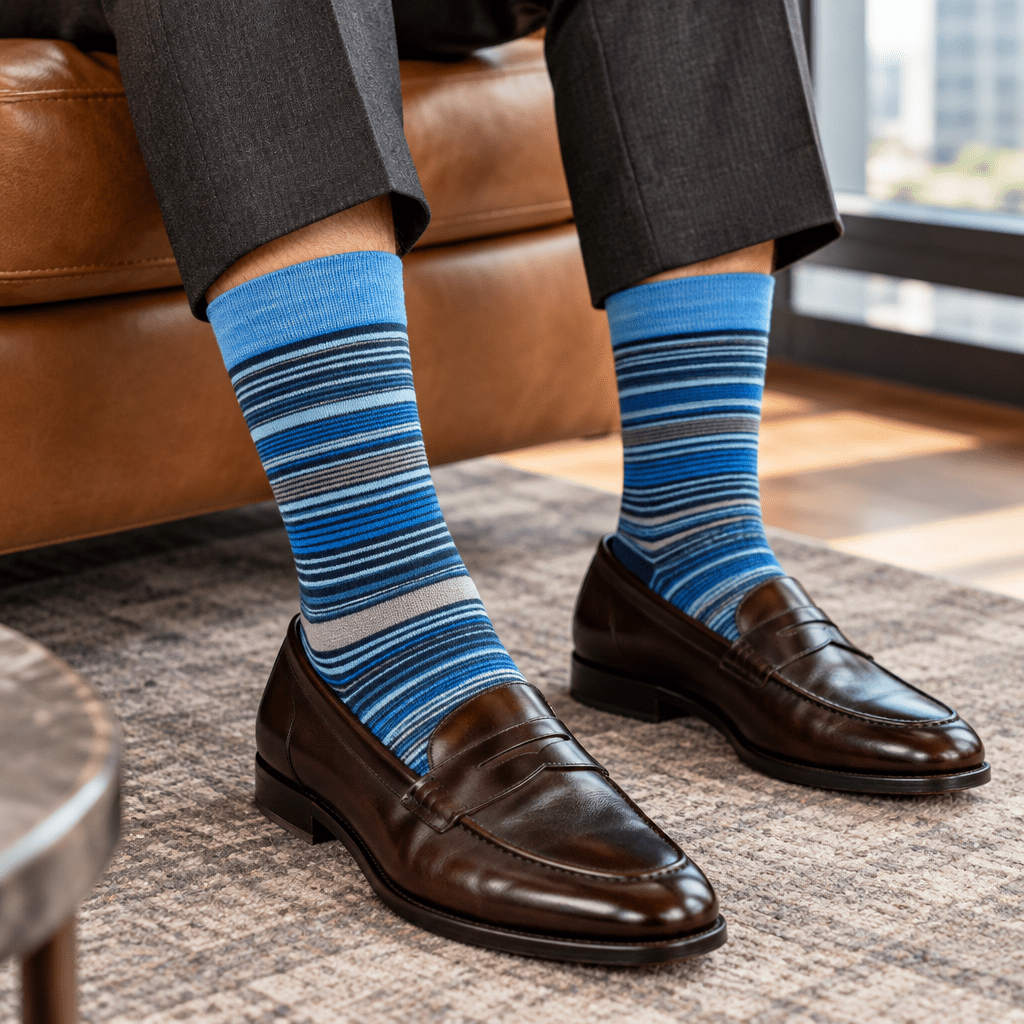 Stacy Adams Men's Blue Striped Crew Dress Socks - Upscale Men's Fashion