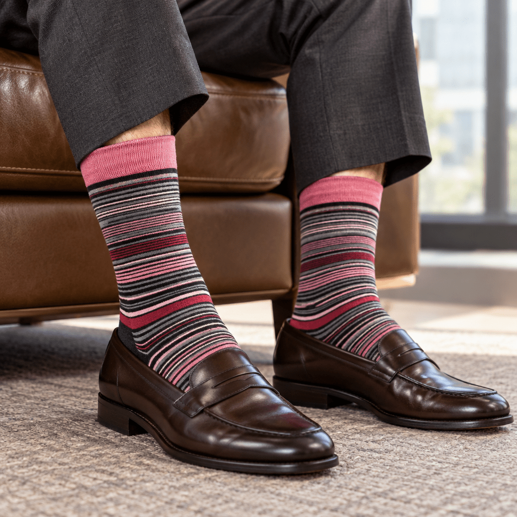 Stacy Adams Men's Pink Multi Striped Crew Dress Socks - Upscale Men's Fashion