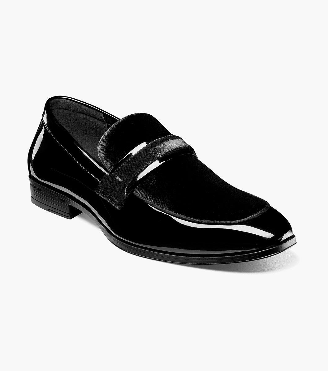 Stacy Adams Spratley Black velour patent moc toe loafers front view