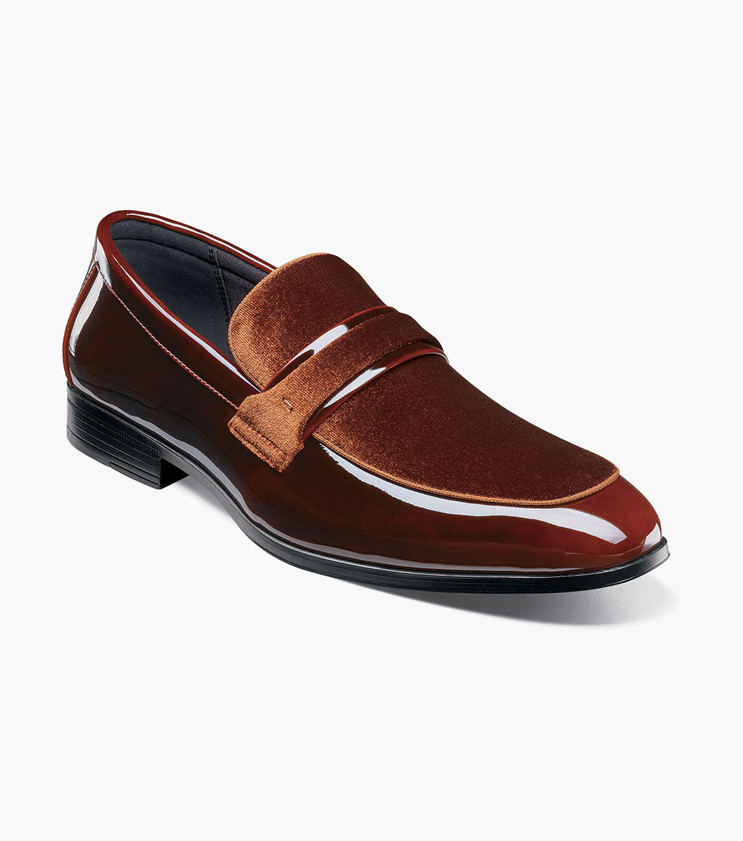 Stacy Adams Spratley Brown velour patent moc toe loafers front view