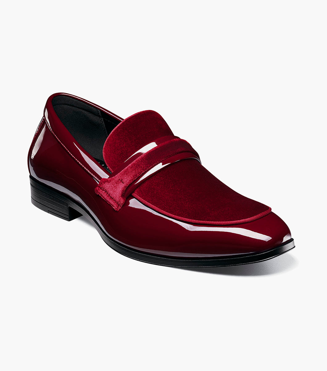 Stacy Adams Spratley Burgundy velour patent moc toe loafers front view