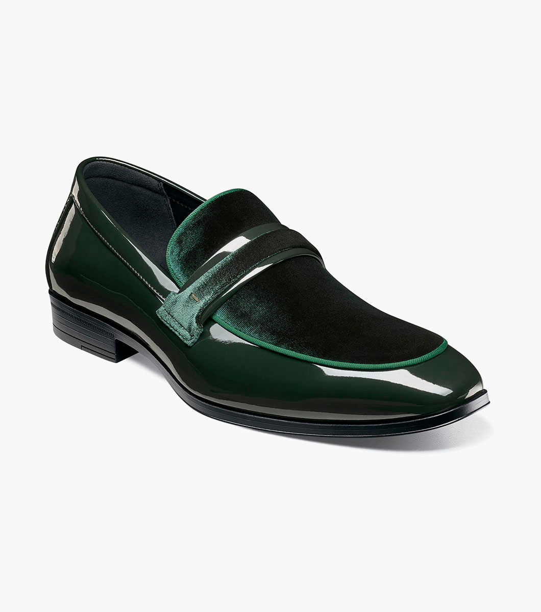 Stacy Adams Spratley Green velour patent moc toe loafers front view
