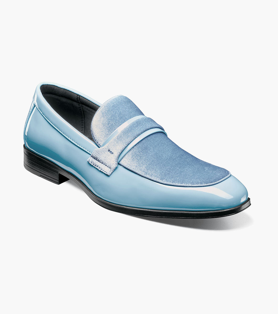 Stacy Adams Spratley Light Blue velour patent moc toe loafers front view