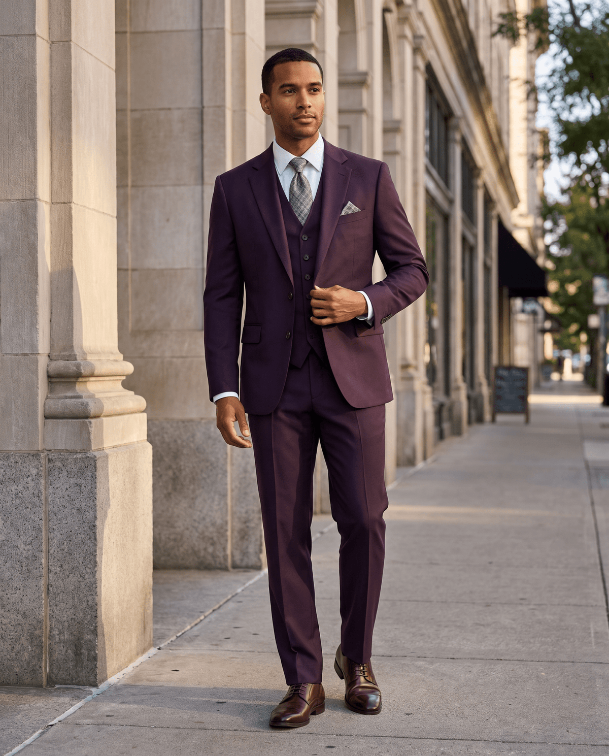 Men’s Eggplant Tailored Fit 3-Piece Wool Suit – Statement - Upscale Men's Fashion