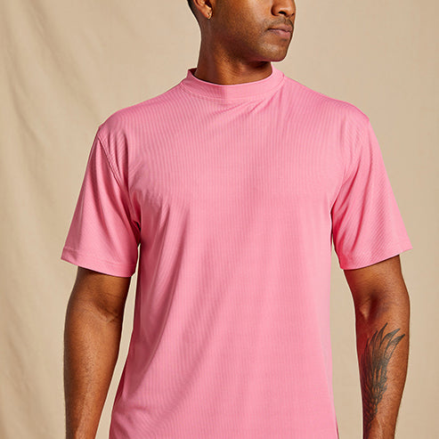Men's summer pink ribbed crew neck short sleeve T-shirt