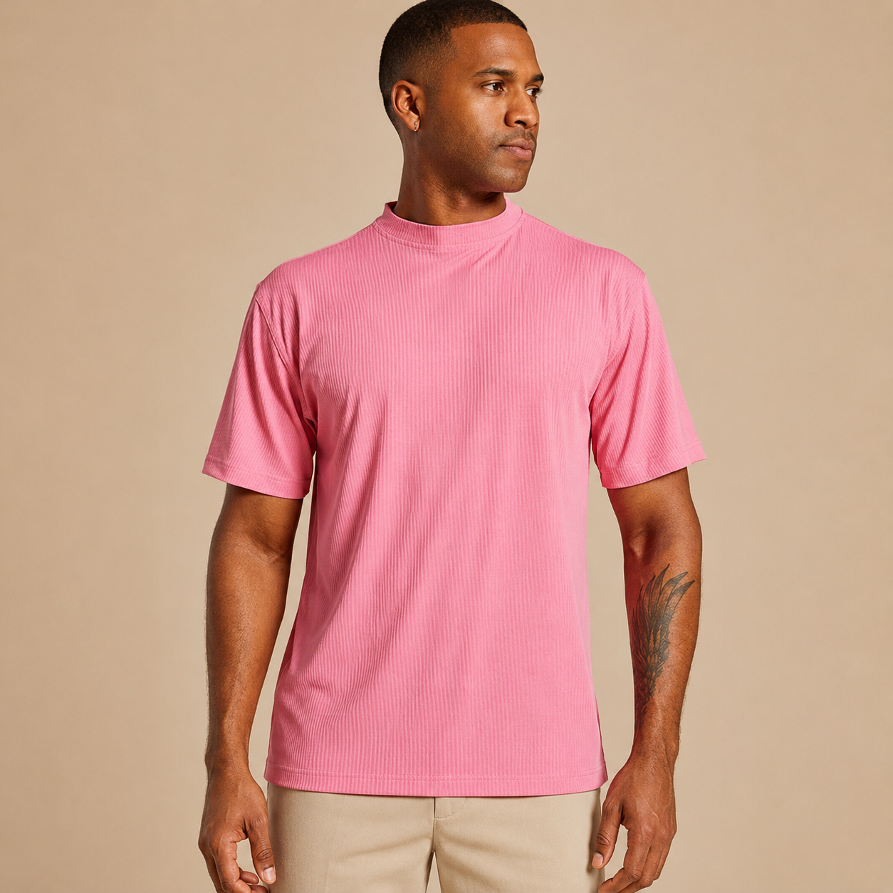 Men's summer pink ribbed regular fit crew neck T-shirt front studio view