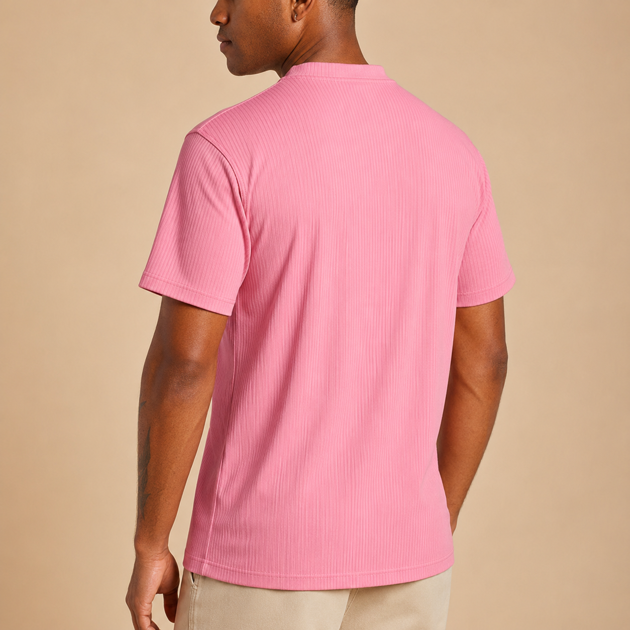 Men's summer pink ribbed crew neck T-shirt rear three-quarter view